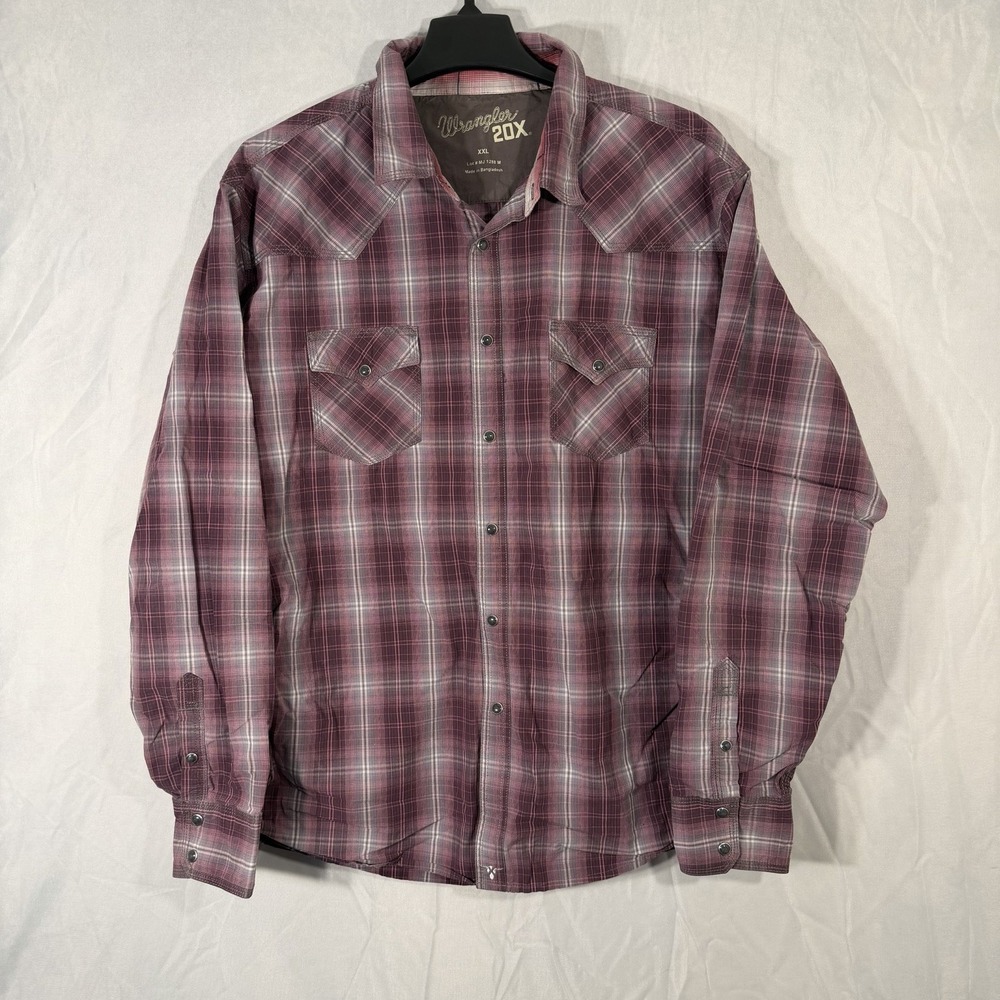 Wrangler 20X Competition Shirt Mens 2XL Burgundy Plaid Western Pearl Snap Cowboy